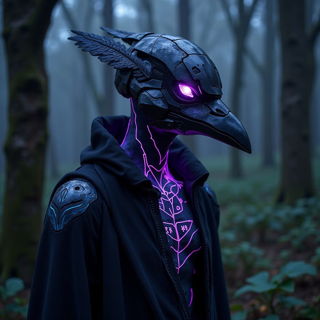 A hyper-realistic photo of a humanoid figure wearing a cybernetic raven-themed helmet, blending matte black metal with iridescent synthetic feathers. The helmet features glowing violet lenses resembling a raven’s piercing eyes, with a sharp chrome beak. The figure is cloaked in a shadowy, rune-etched garment, woven with luminescent threads that pulse with a dark purple hue. Beneath the garment, visible on the figure’s neck and hands, are circuit-like tattoos that pulse with electric blue energy, seamlessly integrating with the high-tech design. The background of the photo is a dark, misty forest at night, with towering, twisted trees and bioluminescent plants casting an eerie light. The figure stands as a sentinel, exuding an aura of dark wisdom and arcane power, in a world where technology meets ancient magic,aiai-3v4