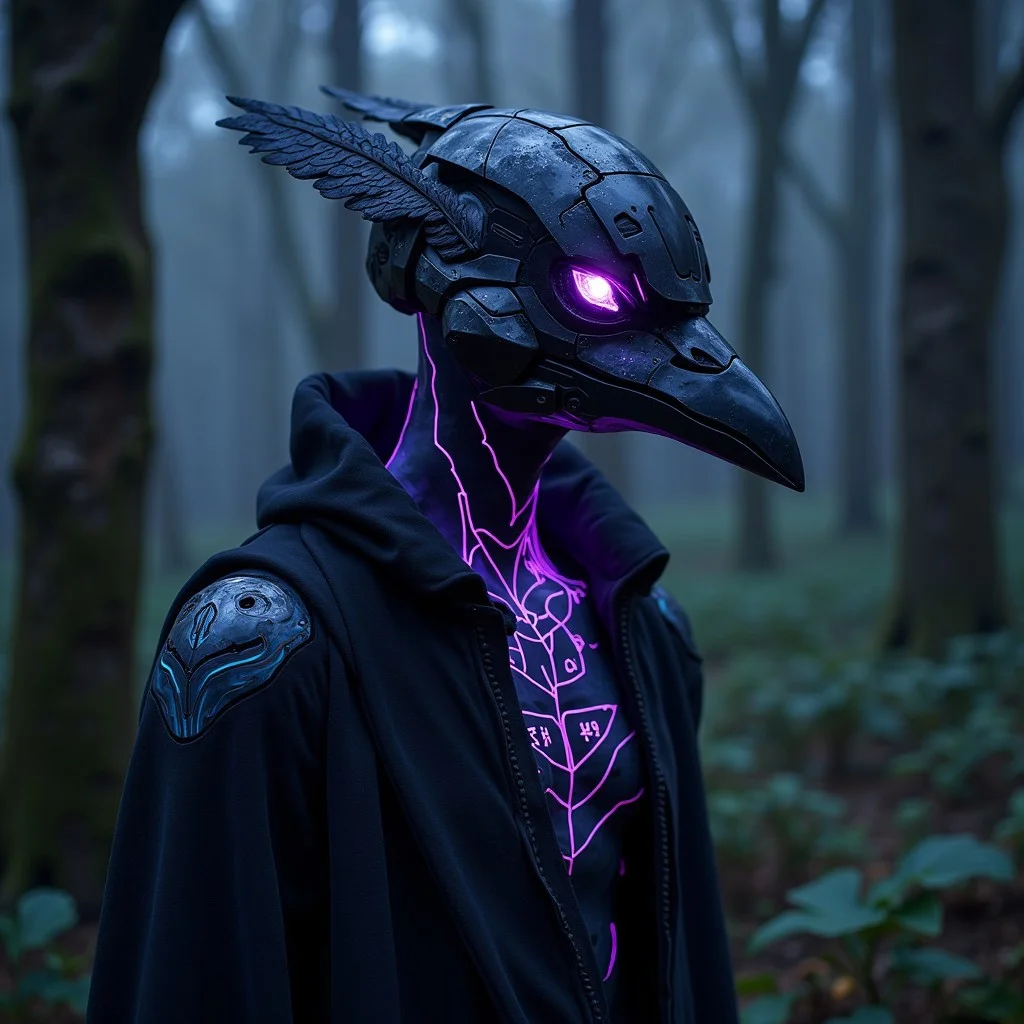 A hyper-realistic photo of a humanoid figure wearing a cybernetic raven-themed helmet, blending matte black metal with iridescent synthetic feathers. The helmet features glowing violet lenses resembling a raven’s piercing eyes, with a sharp chrome beak. The figure is cloaked in a shadowy, rune-etched garment, woven with luminescent threads that pulse with a dark purple hue. Beneath the garment, visible on the figure’s neck and hands, are circuit-like tattoos that pulse with electric blue energy, seamlessly integrating with the high-tech design. The background of the photo is a dark, misty forest at night, with towering, twisted trees and bioluminescent plants casting an eerie light. The figure stands as a sentinel, exuding an aura of dark wisdom and arcane power, in a world where technology meets ancient magic,aiai-3v4