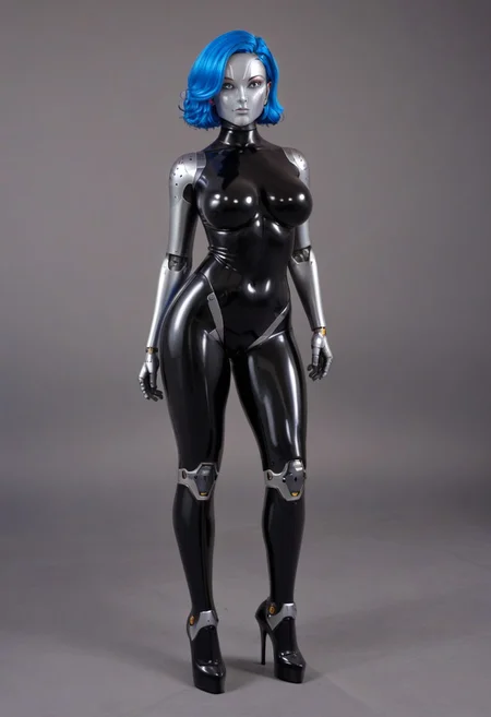 solo, A 35mm full length photo of  a beautiful 20 year old woman, she is a humanoid robot , robotic body, freckles, smooth featureless silver grey robotic skin, robotic aerials, metallic dark blue hair, elegant black latex bodysuit with white trim
TheFaceLess