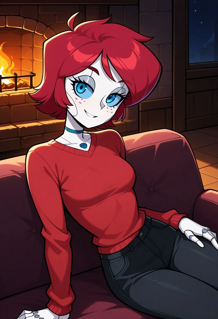masterpiece, best quality, highres, BREAK, 1girl, solo, avery, android, robot, white skin, colored skin, red hair, short hair, blue eyes, colored sclera, freckles, small breasts, red sweater, black pants, looking at viewer, smile, sitting, on couch, cowboy shot, indoors, fireplace