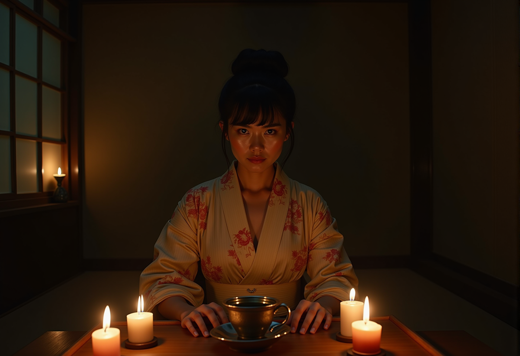 a photograph from the front of a mid twenties woman with short black hair dressed in a kimono she is sitting down drinking tea in a japanese house her hair is done up in a bun she is in a dark room lit by candles she is sitting on the floor with a table in front of her