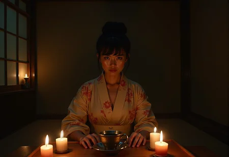 a photograph from the front of a mid twenties woman with short black hair dressed in a kimono she is sitting down drinking tea in a japanese house her hair is done up in a bun she is in a dark room lit by candles she is sitting on the floor with a table in front of her