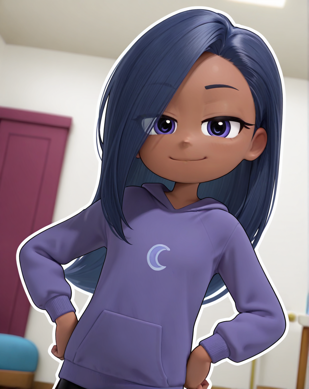 Indigo_Keen, 1girl, solo, full body, dark skin, indigo eyes, wavy hair, indigo hair, hair covering left eye, yellow ring, light indigo hoodie, black skirt, indigo socks, dark brown boots,  (smile, dutch angle, Hands on hips,naughty pose, looking at viewer, indoors, elegant room, solo, dynamic pose, upper body, head tilt,),((white background, White frame, white outline))