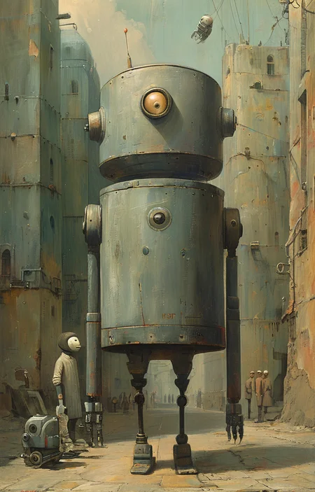 masterpiece,best quality,<lora:tbh161-sdxl:0.9>,illustration,style of Shaun Tan, portrait of Housework robots