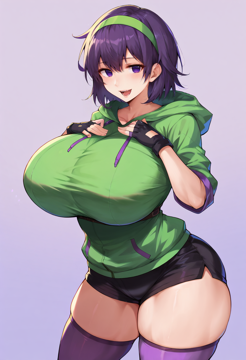 score_9, score_7_up,  1girl, 
huge breasts, wide hips, thick thighs, breasts, black gloves, purple eyes, smile, black shorts, green headband, blush, hood, curvy, standing, open mouth, thighhighs, shorts, solo, skindentation, red hood, headband, thighs, medium hair, hands on own chest, gloves, purple hair, cowboy shot, green hoodie, looking at viewer, hoodie, fingerless gloves, purple thighhighs, purple background
 <lora:hiiaru-Style-PonyXL-GLoRA-Final-000049:1>
