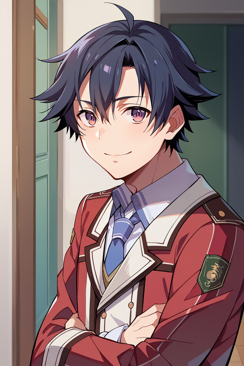 score_9, score_8_up, score_7_up, score_6_up, source_anime, BREAK 1boy, solo <lora:rean-pdxl-nvwls-v1-000006:1> sen1rean, black hair, school uniform, red blazer, necktie, black pants, looking at viewer, happy, upper body, hallway, school building