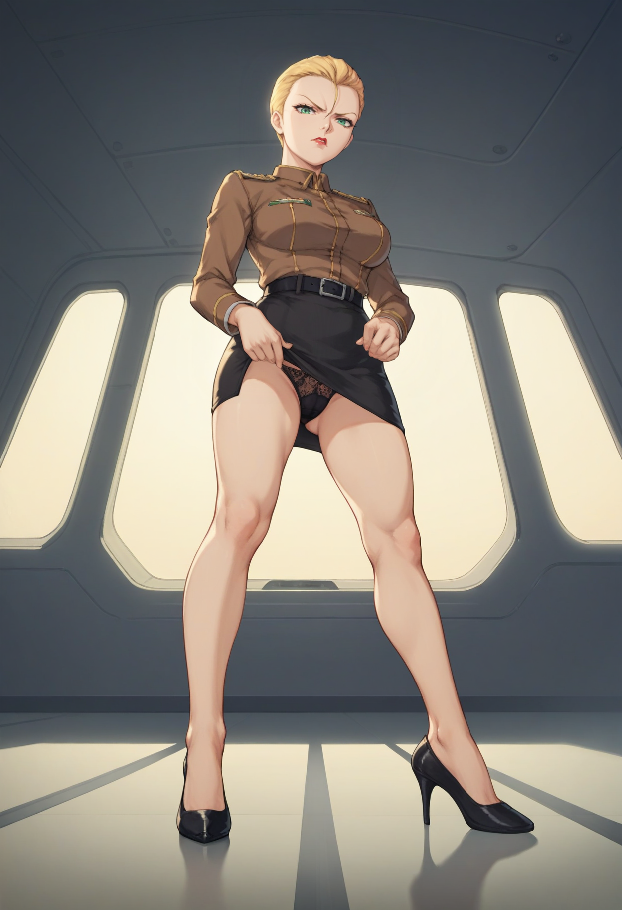 score_9, score_8_up, score_7_up, score_6_up, score_5_up, score_4_up, source_anime, <lora:MSGSF91LydiaDorfman1_5:0.8>, MSGSF91LydiaDorfman, blonde hair, green eyes, lipstick, short hair, forehead, hair slicked back, hair between eyes, large breasts,
brown collared shirt, military uniform, black skirt, pencil skirt, black high heels, black belt,
disgust, legs apart, from below, black lingerie, underwear, looking at viewer, skirt lift, grabbing, standing, pantyshot,
BREAK space, galaxy, indoors, window, cockpit, dim lighting,
