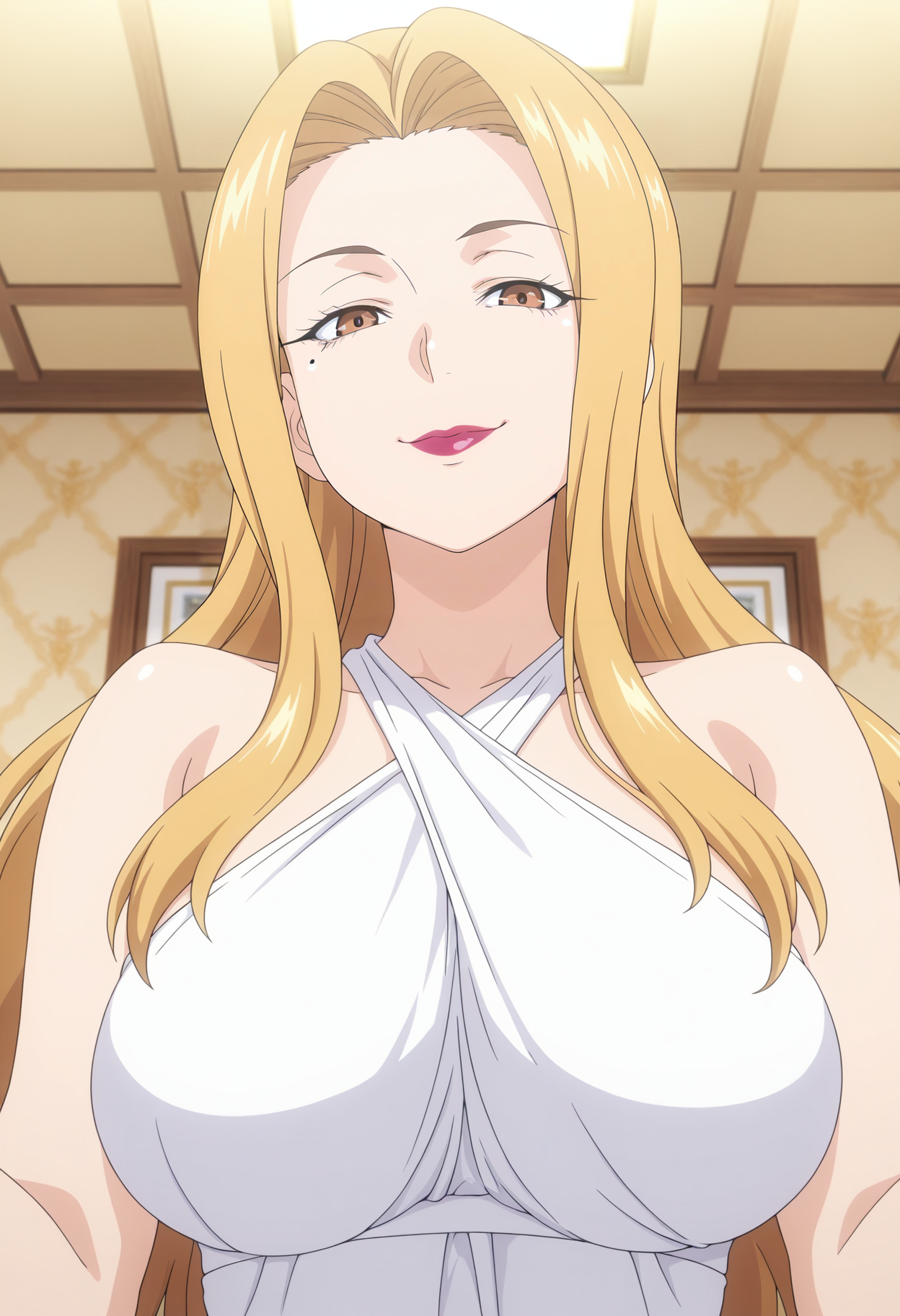 1girl,solo,mm,mature female,long hair,blonde hair,brown eyes,mole under eye,lipstick,large breasts,anime coloring,
bare shoulders,white dress,halterneck,upper body, looking at viewer, smile, indoors, 
,masterpiece,best quality,amazing quality,<lora:Natsume_Sendawara-Shokugeki_no_Souma:0.8>