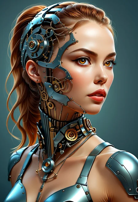 best quality,masterpiece,highly detailed,ultra-detailed,
This is a high-quality digital painting of a young woman with intricate mechanical elements integrated into her neck and face. The artwork features realistic textures and shading, with detailed attention to the woman's smooth skin and the metallic, gear-like components. The image is rendered in grayscale, highlighting the contrast between the soft human features and the hard, mechanical elements. The woman has a calm expression, with large, almond-shaped eyes and full lips, her hair is pulled back, revealing her neck and the elaborate mechanical design. The composition uses the rule of thirds, positioning her face slightly off-center, which draws the viewer's eye to her expressive eyes. The lighting is soft, creating subtle shadows that enhance the three-dimensional effect of her skin and the mechanical parts. There is no watermark or JPEG artifacts present, indicating a high-resolution digital medium. The aesthetic quality of the image is very high, showcasing advanced digital artistry. etail and a polished finish. There are no visible JPEG artifacts.