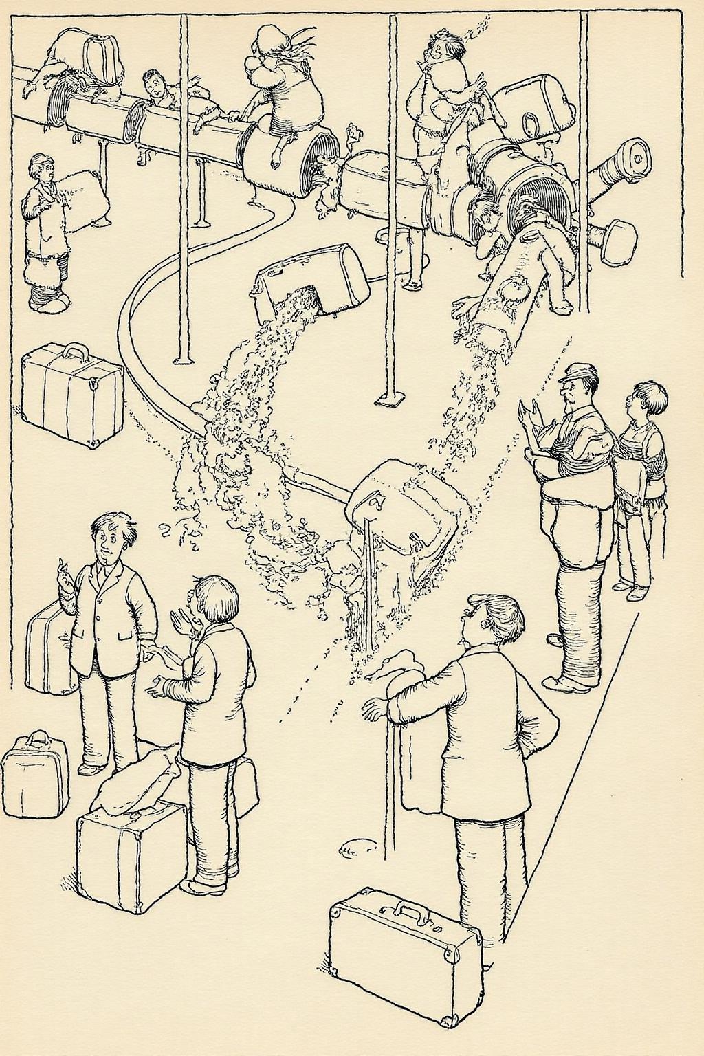 whrob1 illustration.
A chaotic baggage claim system in the style of Heath Robinson. An enormous conveyor system winds through the airport, carrying luggage on a journey through a maze of gears, rollers, and hanging baskets. Suitcases pop out of chutes in random locations, with airport staff frantically trying to catch them. Passengers stand by with bemused expressions, holding old-fashioned travel trunks. <lora:whrob1_cap_d6a3e11:1.0><lora:828468358111396614:0>
