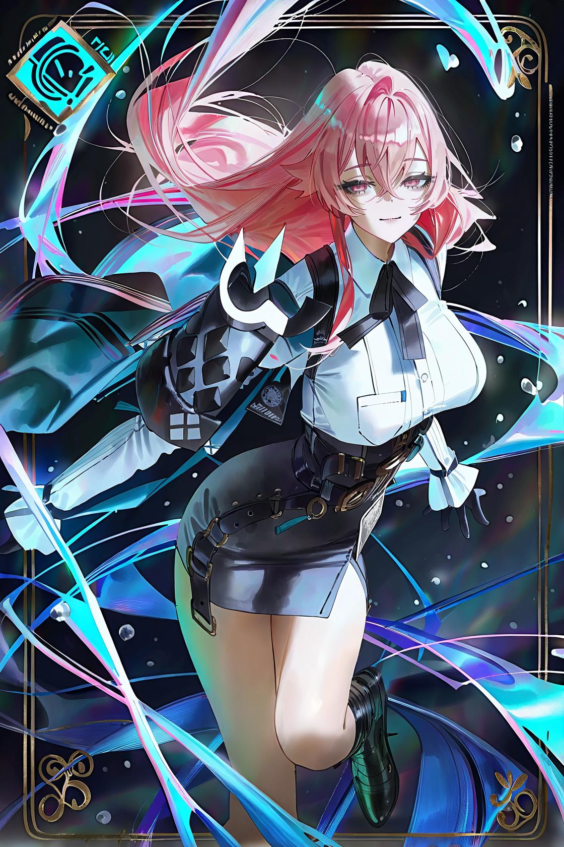 ((artist:betabeet)), artist:john_kafka, artist:nixeu, artist:quasarcake, 
(by xilmo, by modare, by reoen:1.1), (hyperrealistic:1.1), (high_contrast:1.1), (holy_(\theme\):1.2), (card_\(theme\):1.1), solo, long hair, large breasts, (black-color-scheme:1.1), character card, abstract sun, moon and stars, thick line, murals, holy light, mural moon, simple black background, angels come, stars, card border, frame pattern, 
<lora:Yanagi-noob-Tanger-000012:0.8>, 
Yanagi, Yanagi-def clothes, Black right shoulder armor, 1girl, pink hair, gloves, black gloves, black skirt, pink eyes, long hair, breasts, shirt, black footwear, belt, standing, boots, white shirt, 
cowboy shot, from above, moonlight, floating hair, muscle, masterpiece, best quality, very aesthetic, highres, absurdres, newest, dancing, floating, floating water, looking at viewer, half-closed eyes, light smile, from above,