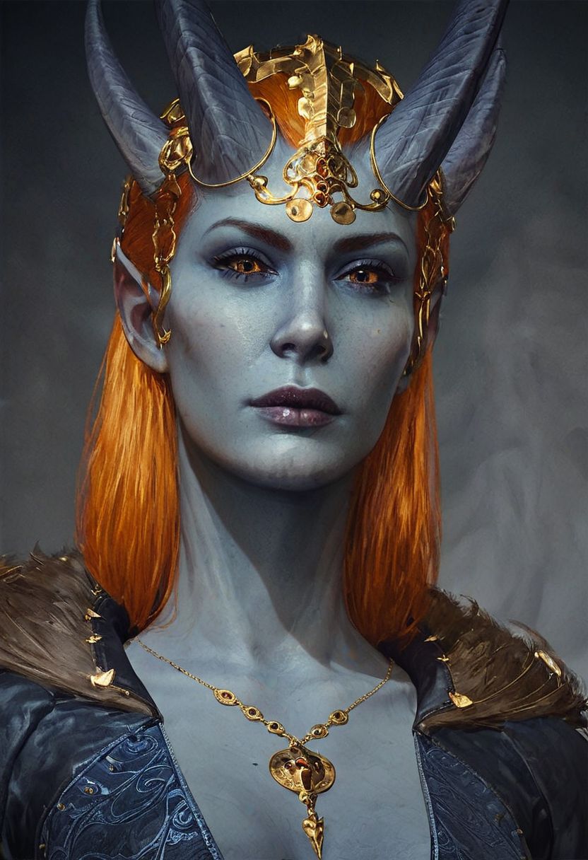 score_9, score_8_up, score_7_up, 1girl, orange hair, long haird, blue dress, bang, detailed face, elongated face, looking at the viewer, medium breasts, beautiful eyes, Illuminblueated face, concept art, horns, grey skin, blue skin, wings, bat like wings, demonic wings
