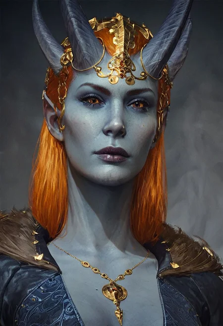 score_9, score_8_up, score_7_up, 1girl, orange hair, long haird, blue dress, bang, detailed face, elongated face, looking at the viewer, medium breasts, beautiful eyes, Illuminblueated face, concept art, horns, grey skin, blue skin, wings, bat like wings, demonic wings