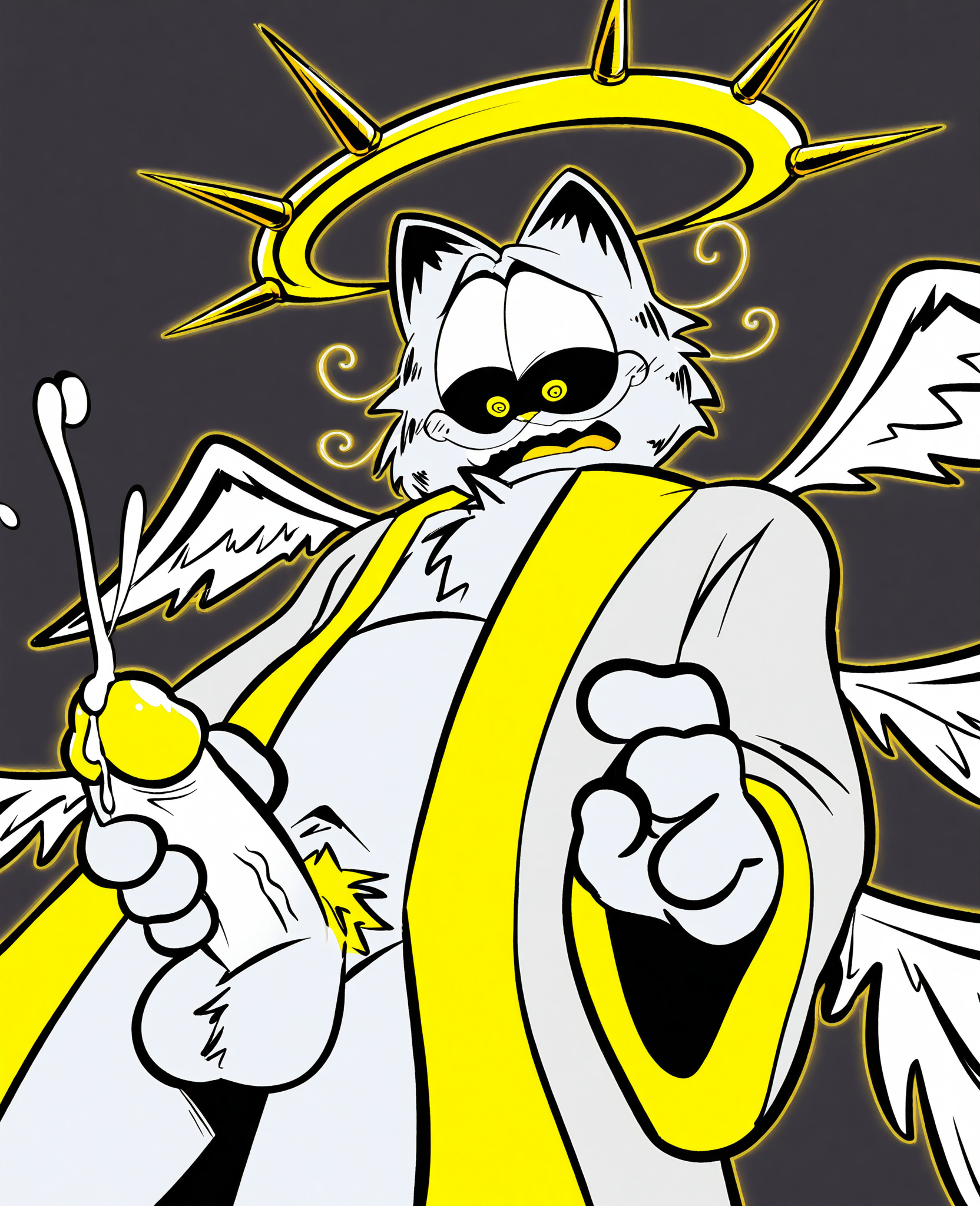 <lora:Godfield_illustrious-000015:1.0>, score_9, score_8_up, score_7_up, 1boy, solo, anthro, furry, no humans, godfield, cat ears, solo, black sclera, yellow eyes, white fur, robe, (open robe), yellow accents, halo, wings, standing, slightly chubby, embarrassed, blush, yellow blush,, orgasm face, looking down, (eyes closed), penis leaking cum, low-angle view, yellow pubes, nude, humanoid penis, exposed penis, yellow glans, thick penis, erection, veiny penis, balls, ball tuft, ((mastrubation, male masturbation, hand on penis)), cum, cum string, light gray background, simple background