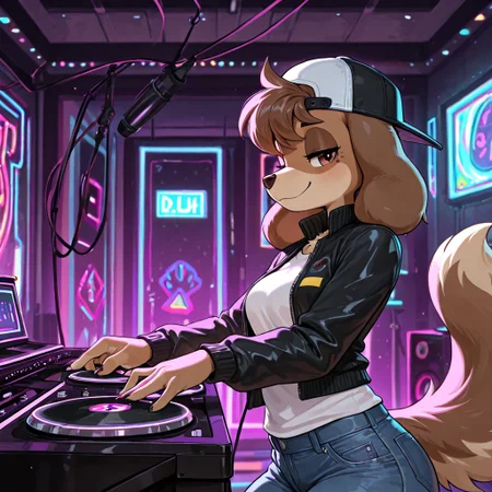masterpiece, best quality, newest, absurdres, highres, furry, perfect anatomy, 4nn4h,1girl,solo,furry,furry female,a girl,dog ears,long ears,brown hair,short hair,brow eyes,snout,animal nose,body fur,brown fur,dog tail, indoors, club, nightclub, dj, disc jockey, playing music, white shirt, black jacket, blue pants, denim, backwards cap, backwards hat, happy, smiling, half-closed eyes, looking at viewer,
