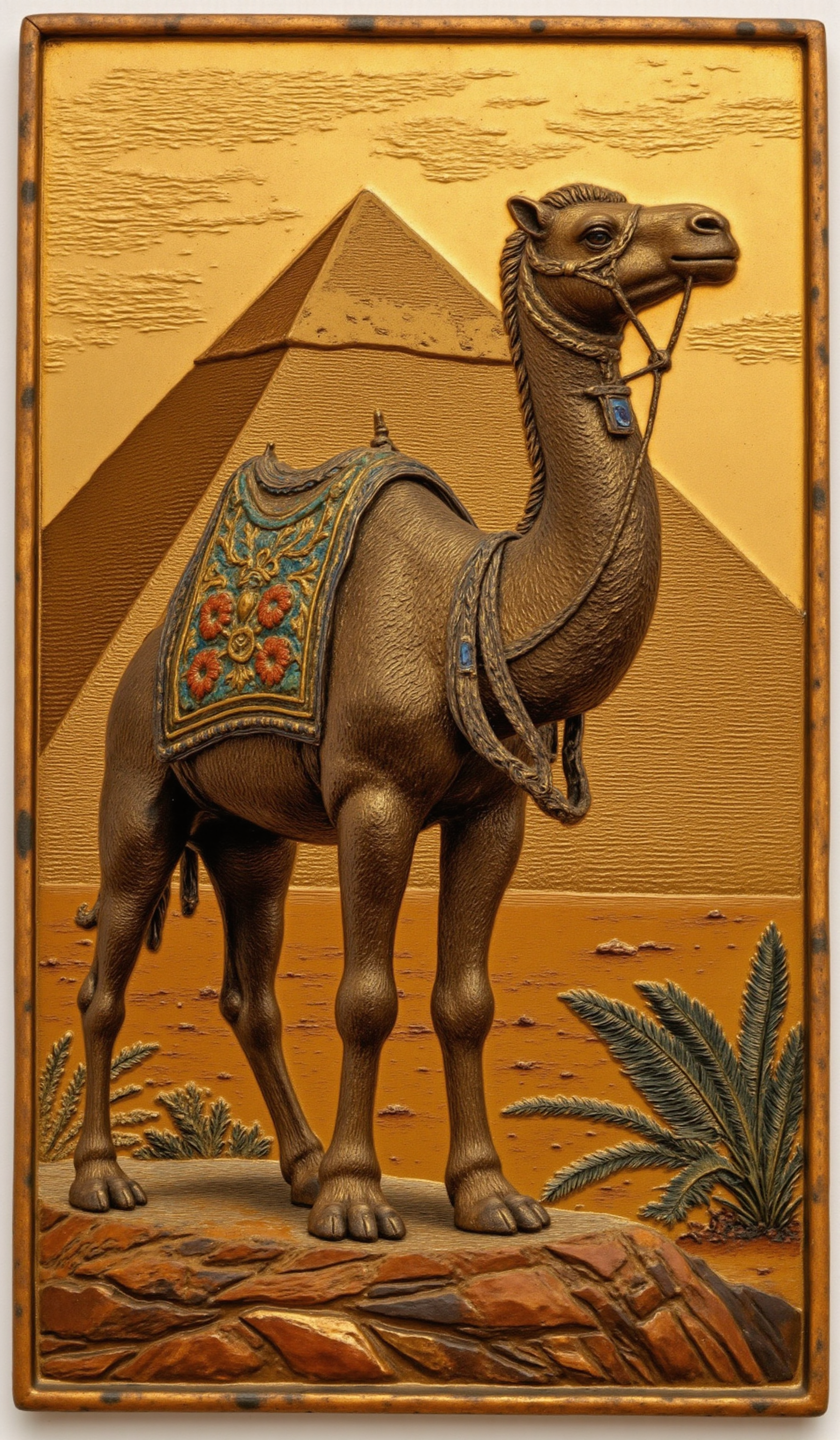 camel standing on top of the pyramid as flat (enamel) sign, egypt background,, masterpiece,