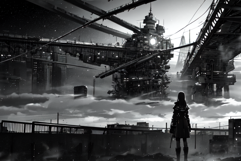 highly insanely detailed, masterpiece, top quality, best quality, highres, 4k, 8k, RAW photo, (very aesthetic, beautiful and aesthetic),  
tsutomu nihei,nihei_tsutomu,blame!,blame gakuen!,abara,TNstyle,sidonia_no_kishi,(deep horizon,megastructure in background,tower),bones,wire,drainpipe,clouds,light particles,concrete walls,metal walls,bridge,star \(sky\),starry sky,mist,steam,decrepit, 
<lora:ABARA:0.5>, 
(1girl:1.3), 
solo focus, 
Subway,Metro,âââ