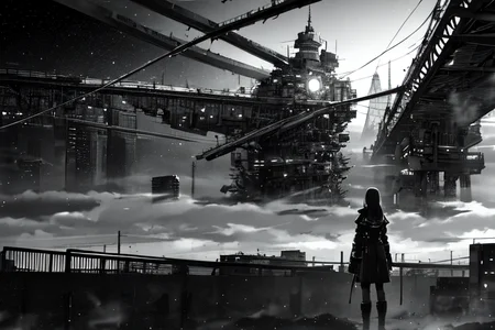 highly insanely detailed, masterpiece, top quality, best quality, highres, 4k, 8k, RAW photo, (very aesthetic, beautiful and aesthetic),
tsutomu nihei,nihei_tsutomu,blame!,blame gakuen!,abara,TNstyle,sidonia_no_kishi,(deep horizon,megastructure in background,tower),bones,wire,drainpipe,clouds,light particles,concrete walls,metal walls,bridge,star \(sky\),starry sky,mist,steam,decrepit,
<lora:ABARA:0.5>,
(1girl:1.3),
solo focus,
Subway,Metro,âââ