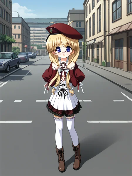 1girl, solo, yukiponeleeyes, blonde hair, long hair, low twintails, low-tied long hair, hair ribbon, ahoge, blue eyes, glasses, rimless eyewear, beret, kouryoukan_academy_school_uniform, white thighhighs, frilled thighhighs, shoes, brown boots, outdoors, city, street, open mouth, smile, (full body:1.5),