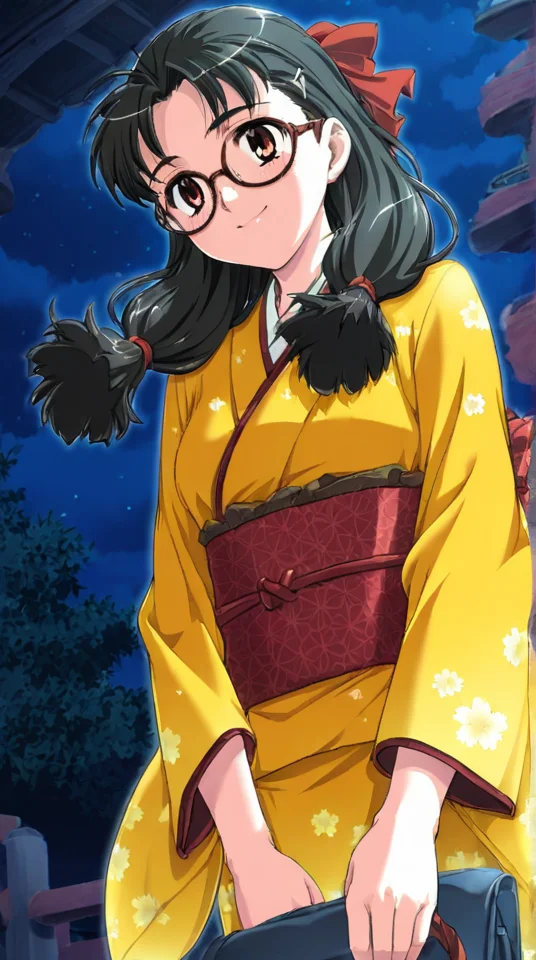 masterpiece, best quality, anime coloring, night sky
1girl,solo, floating hair, smile
 <lora:Chizuru-Higaki_lL_v01:1> chizuru-higaki, glasses, kimono, japanese clothes , yellow kimono