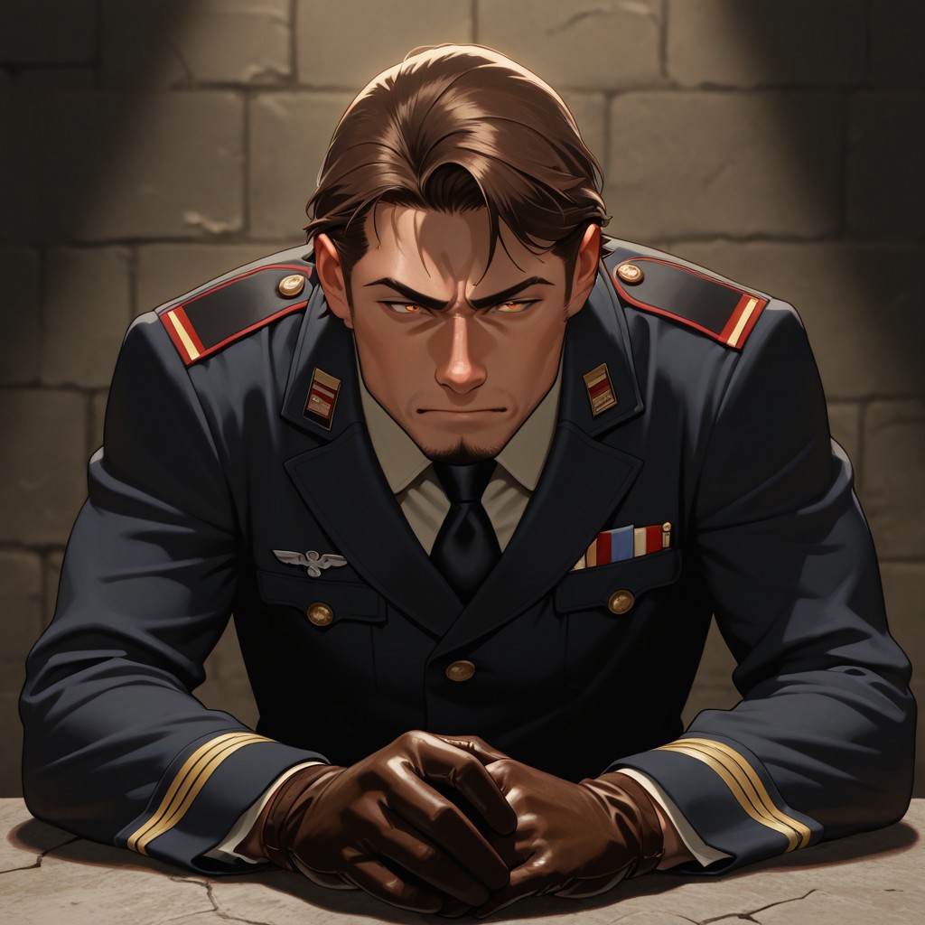 masterpiece, best quality, amazing quality, absurdres, newest, detailed background, definition so sharp, Ultra-HD, 8K cinematic, very awa, impressionate, amazing quality, highres, 
solo, male focus, manly, shadow, shiny skin,
shimonmakusu, shimon_brunette, shimon_orange eyes, 1boy, short hair, stubble, goatee, mature male, authority, commanding_presence, stern_expression, military_uniform, leather_gloves, imposing, disciplined, unyielding, straight_posture, leader, sharp_suit, power_stance, stone_face