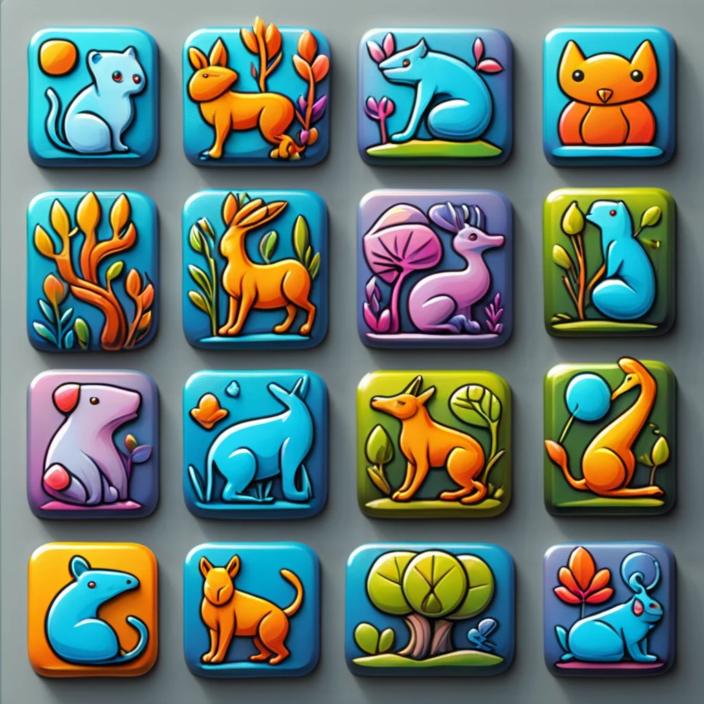 <lora:artfullyTILES_SDXL_V1:0.7>,icon collection arranged in a grid of a set of different colored creatures in different shape designs