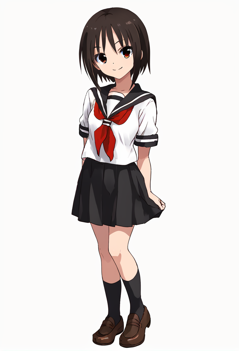 <lora:kagawaRin:1> kagawaRin, solo, looking at viewer, white serafuku, black skirt, black socks, brown shoes, red neckerchief, smile, white background, full body, standing,