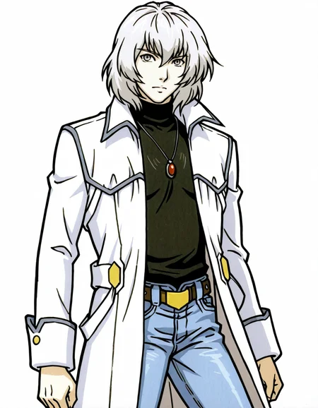 solo, 1boy, male focus, jewelry, belt, coat, denim, pants, jeans, necklace, turtleneck, white hair, grey eyes, pendant, soma cruz <lora:Soma_Cruz_Castlevania_Aria_of_SorrowIllustrious:1> <lora:Pencil_sketch:0.8> Pencil sketch