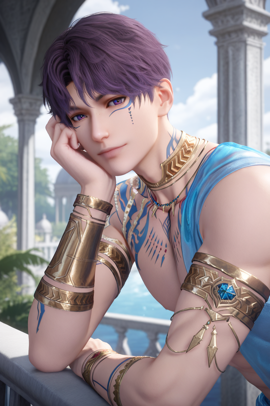 <lora:rafayel-IL-000008c:0.9>,Rafayel, 1boy, male focus, solo, short hair, looking at viewer, jewelry, blurry, necklace, tattoo, from side, blurry background, god of the tides, armlet, against railing, head rest, purple hair,  bara,male focus,very awa,masterpiece,best quality,amazing quality,nsfw,uncersored,highres,best quality,amazing quality,best aesthetic,absurdres,