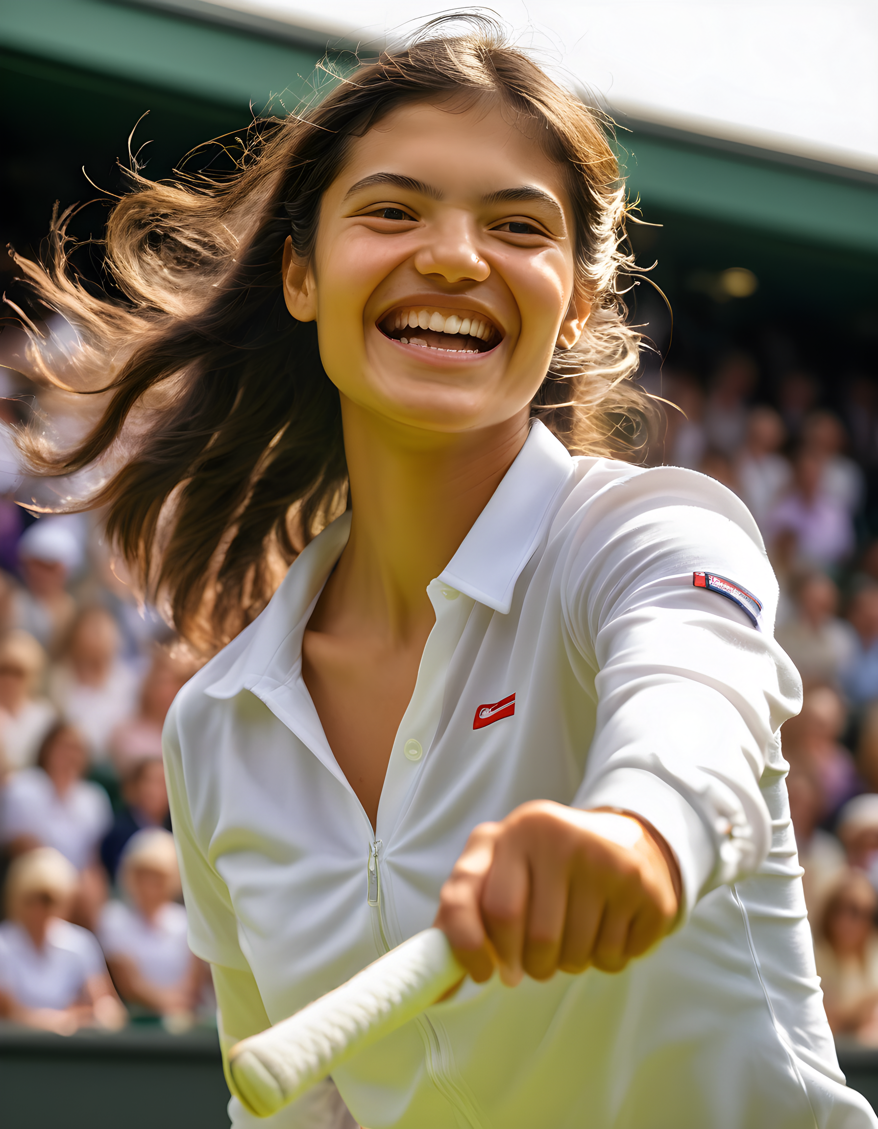 emmaraducanu, In a bustling Wimbledon stadium bathed in the vibrant afternoon sunlight, Emma Raducanu, dressed in a crisp white shirt, beams a radiant smile with her pearly whites gleaming. Her hair cascades in loose waves around her shoulders as she looks directly at the viewer, her eyes sparkling with determination and joy, against a blurred backdrop of cheering spectators and tennis courts. The camera captures this striking portrait from a slightly low angle, emphasizing her poise and strength as she continues to make history on the green grass of one of the world's most prestigious tennis tournaments.