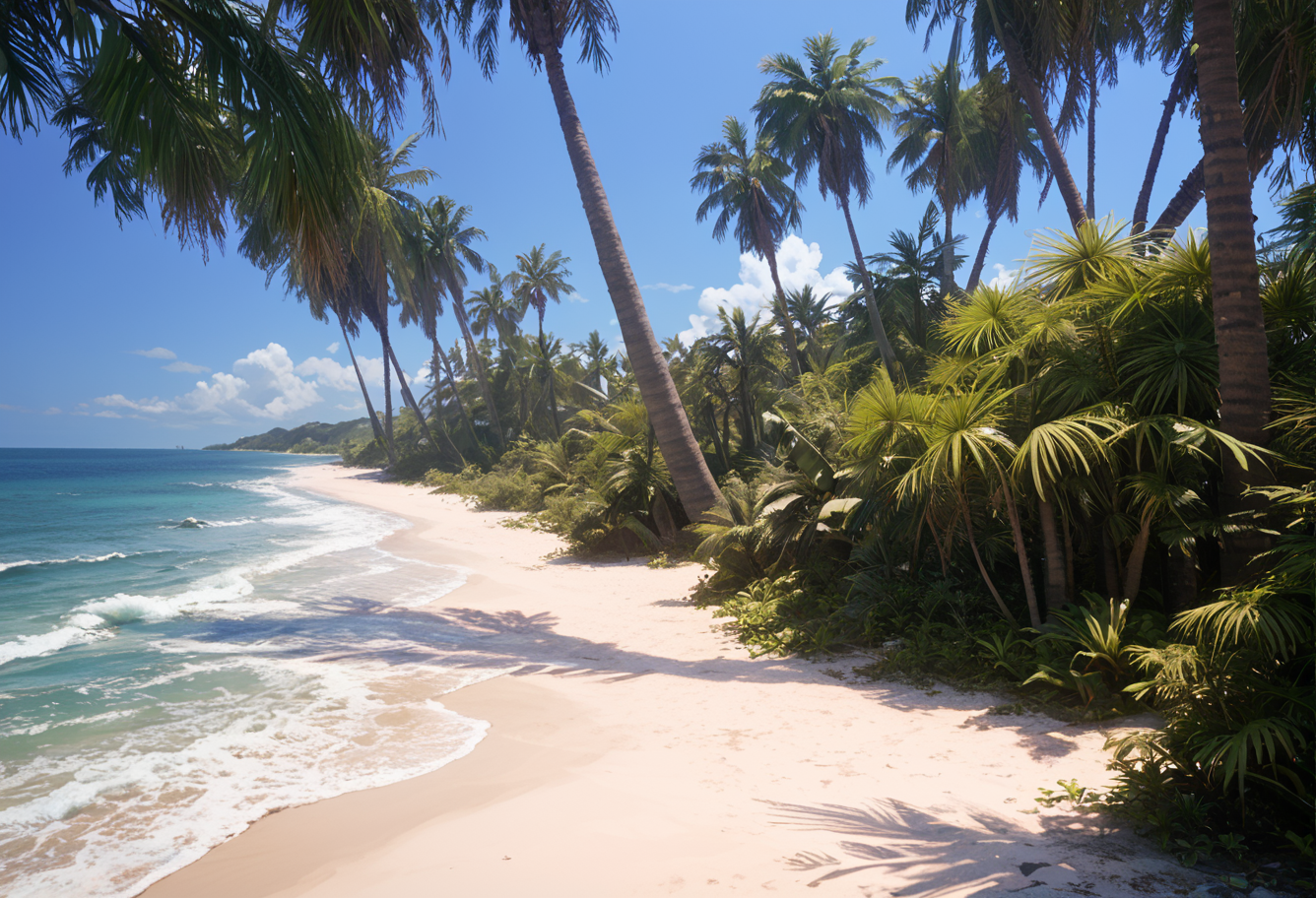 ,ruanyi1118,horizon,ocean,fern,beach,palm tree,outdoors,<lora:1118 isolated island_v1_pony:1>, score_9, score_8_up, score_7_up, score_6_up, score_9, score_8_up, score_7_up, score_6_up source_anime, blush, 1girl, seduce smile, perfect body , natural huge breasts