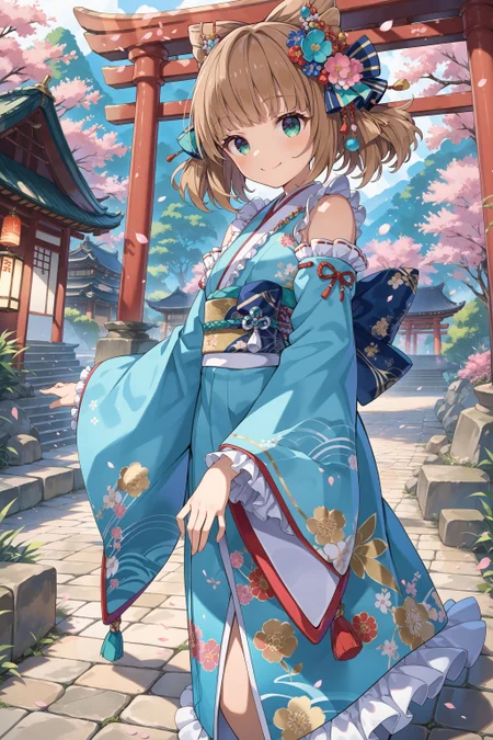 score_max, (score_9, score_8_up, score_7_up:1.2), score_6_up, official art, source_anime,
masterpiece, absurdres, high detail, 8k,
japanese shrine, torii, stone floor, happy new year, 2025,
standing, light smile, blush, steam,
cicho, japanese clothes, aqua kimono, floral print, bare shoulders, frills, long sleeves, detached sleeves, wide sleeves, frilled_sleeves,
<lora:XL_Pony_gomaotsu-cicho-t1:1.0>
