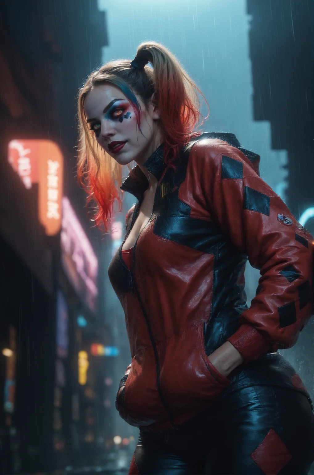 score_9, score_8_up, score_7_up, detailed eyes, 1girl, harley quinn, circular, iridescent, realistic, source_photo, mechanical, from below, fantasy, cyberpunk, rain, glowing red eyes, volumetric lighting, depth of field, cinematic, vibrant, shadows, detailed, textured skin, beautiful eyes,
