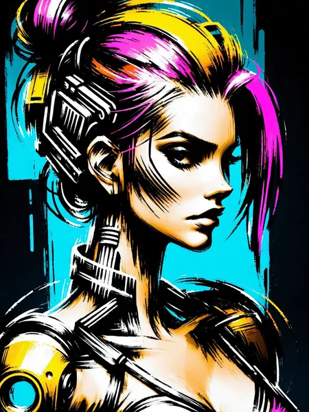 mad-nksktch, woman, cyberpunk, mechanical parts, colorful <lora:Ink_Sketch_SDXL:0.9>, (masterpiece:1.2), best quality