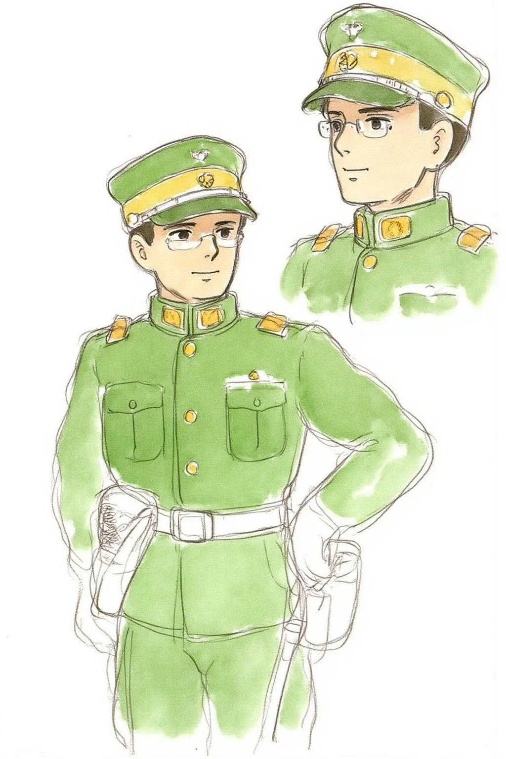 hayaomiyazaki2 illustration.
Two portraits of the same soldier. In the center is the portrait of a man wearing glasses, in a green uniform with gold epaulettes, a white belt, and a cap with a gold insignia, standing with one hand on his hip. The uniform includes a high collar and front pocket. In the top right corner is the same man looking to the left. <lora:hayaomiyazaki2_cap_d8a4:1.0><lora:861078386917819611:0>
