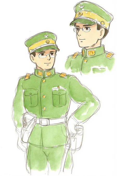 hayaomiyazaki2 illustration.
Two portraits of the same soldier. In the center is the portrait of a man wearing glasses, in a green uniform with gold epaulettes, a white belt, and a cap with a gold insignia, standing with one hand on his hip. The uniform includes a high collar and front pocket. In the top right corner is the same man looking to the left. <lora:hayaomiyazaki2_cap_d8a4:1.0><lora:861078386917819611:0>