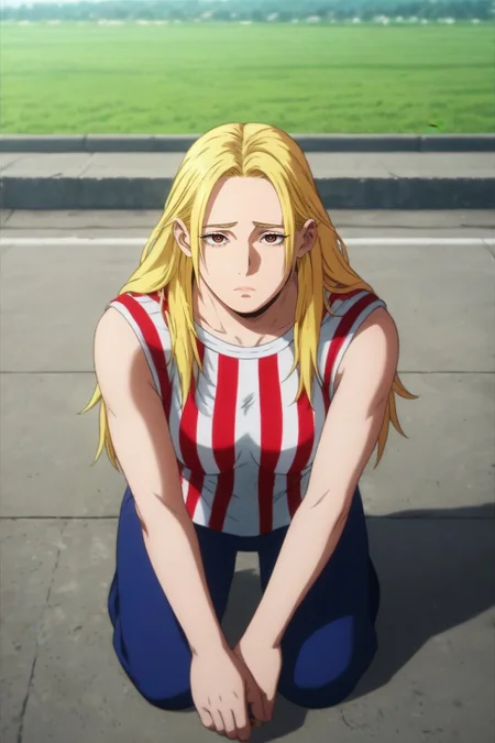 score_9, score_8_up, score_7_up, source_anime, rating_safe, intricate details, (photorealistic:0.6), looking at viewer, , 1girl, solo, <lora:cathleen_bate_pony:0.88>, cathleen_bate, blonde hair, brown eyes, long hair, , rule of thirds, highway, midnight, kneeling, sad, , <lora:sdxl_lightning_8step_lora:1>