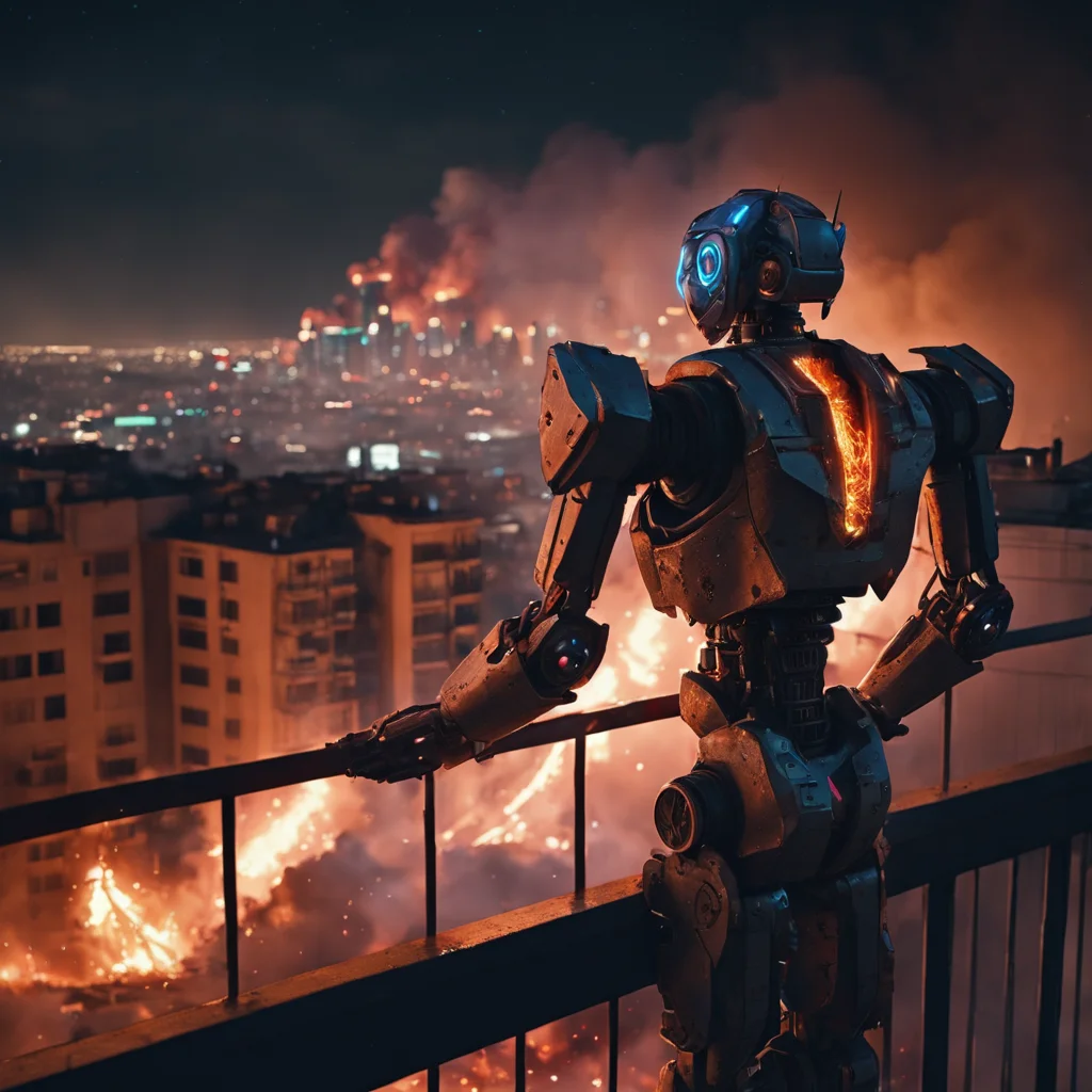 masterpiece, (photorealistic:1.4), best quality, beautiful lighting, ,a broken robot on a balcony looking out at a burning city, destruction, explosions, missiles, aerial dogfights, icyberpunk, depth of field, from side, night, night sky, parted lips, railing, RAW photo, 8k uhd, film grain, cosplay, sparks from arms, night, neon lights,