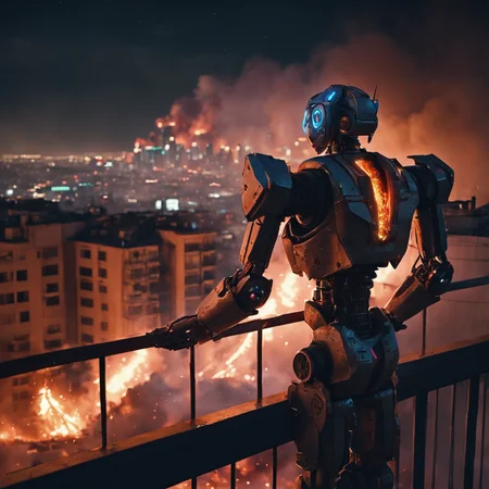 masterpiece, (photorealistic:1.4), best quality, beautiful lighting, ,a broken robot on a balcony looking out at a burning city, destruction, explosions, missiles, aerial dogfights, icyberpunk, depth of field, from side, night, night sky, parted lips, railing, RAW photo, 8k uhd, film grain, cosplay, sparks from arms,  night, neon lights,