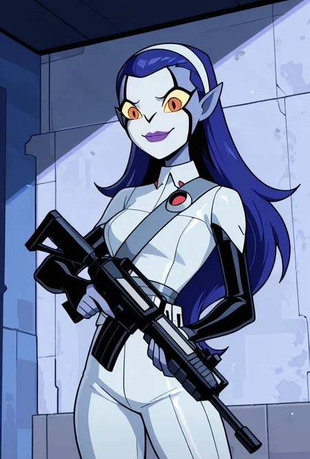 <lora:rookshar-10:1> rookshar, blue hair, colored skin, yellow sclera, long hair, 1girl, purple lips, white hairband, pointy ears, white suit, black sleeves, smile,  <lora:GunEnhancer:1> holding weapon, holding gun, assault rifle, weapon,  holding assault rifle, masterpiece, best quality, amazing quality, very aesthetic, absurdres, newest,