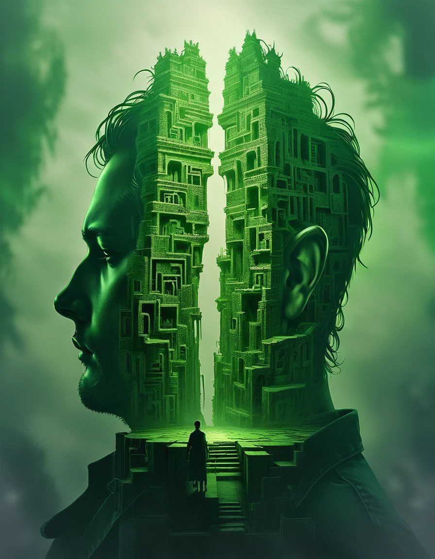merged, Jed-dblexpsre effect, double exposure, small centered composition, product shot, plain background, wallpaper art, in the center is an image of a ("The Labyrinth of Levi's":1.2) , it is Skilled, by Raymond Swanland, Detailed illustration, dark green and Green hue, macabre, tiny, , highly detail, cool colors, grand illumination, dynamic cinematic perfect background, stunning detail<lora:DoubleExposure-000007:1>