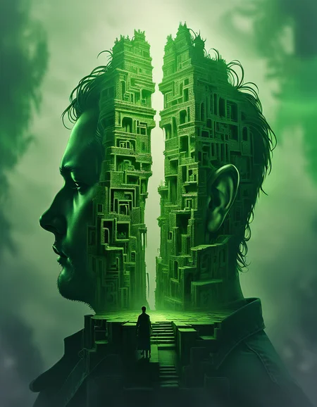 merged, Jed-dblexpsre effect, double exposure, small centered composition, product shot, plain background, wallpaper art, in the center is an image of a ("The Labyrinth of Levi's":1.2) , it is Skilled, by Raymond Swanland, Detailed illustration, dark green and Green hue, macabre, tiny, , highly detail, cool colors, grand illumination, dynamic cinematic perfect background, stunning detail<lora:DoubleExposure-000007:1>