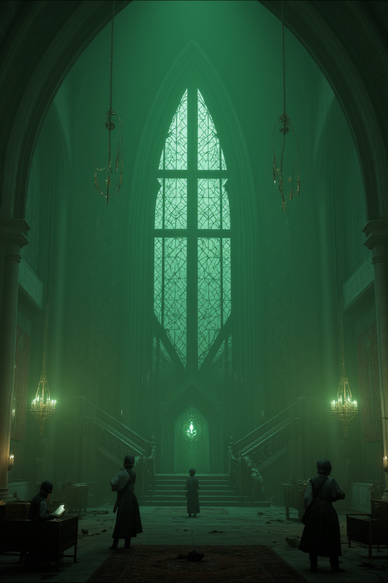 3DGame,The image portrays an eerie, gothic-style interior, reminiscent of a cathedral or a grand hall. The architecture is characterized by pointed arches and ribbed vaults, typical of Gothic design. The space is bathed in a greenish, ethereal light, creating an atmosphere of mystery and unease. Several figures, dressed in dark, period-appropriate attire with wide-brimmed hats, are scattered throughout the room. They appear to be engaged in various activities, such as reading or conversing, adding a sense of life to the otherwise somber setting.
The central focus is a large, ornate window with intricate tracery, through which the green light seems to emanate. This window is flanked by smaller, similarly designed windows. The walls are adorned with tapestries and statues, contributing to the historical ambiance. Chandeliers with greenish candles provide additional lighting, enhancing the otherworldly feel. The floor is scattered with debris and overturned furniture, suggesting *********** or disarray. The overall mood is one of ancient grandeur tinged with decay and the supernatural.