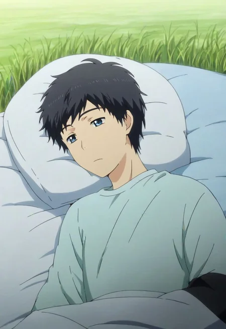 high resolution, solo, best quality, 1Boy, Arata Kaizaki, Black Hair, Blue Eyes, sleep, meadow hills, wind breeze, OverallDetail