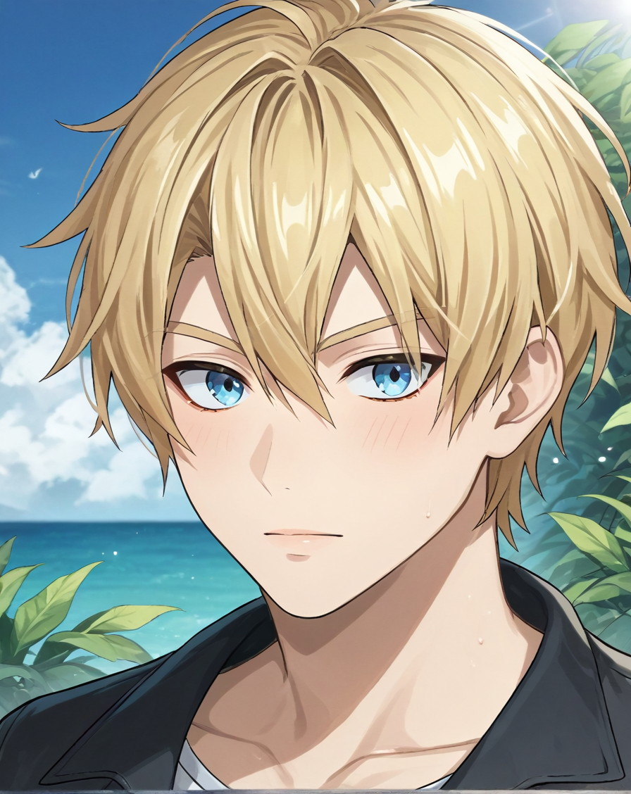score_9, score_8_up, score_7_up, original style, depth of field, BREAK, rating_safe, 1boy, solo, yaoi, male focus, portrait, skinny,  <lora:brammashell_pony:1> brammashell_gc, blonde hair, blue eyes, short hair, hair between eyes, bangs, casual, looking at viewer, facing viewer, day,<lora:sdxl_lightning_8step_lora:1>  <lora:xl_more_art-full_v1:0.5>  <lora:Pony_DetailV2.0:1> <lora:Pony_QualityV4.0:1>