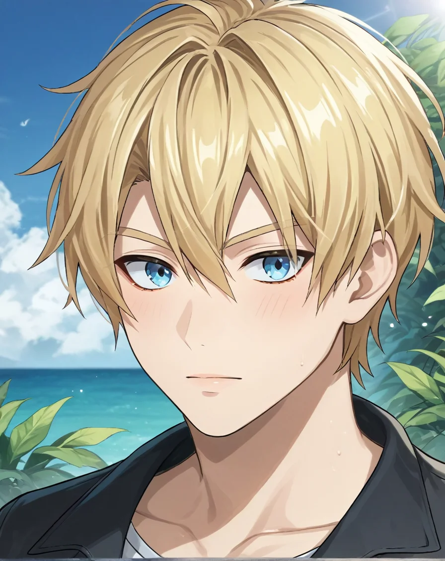 score_9, score_8_up, score_7_up, original style, depth of field, BREAK, rating_safe, 1boy, solo, yaoi, male focus, portrait, skinny, <lora:brammashell_pony:1> brammashell_gc, blonde hair, blue eyes, short hair, hair between eyes, bangs, casual, looking at viewer, facing viewer, day,<lora:sdxl_lightning_8step_lora:1> <lora:xl_more_art-full_v1:0.5> <lora:Pony_DetailV2.0:1> <lora:Pony_QualityV4.0:1>