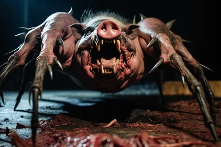 Horror-themed, RAW photo of a huge vicious [spider:pig:35], nightmare, monster, creature, 
 <lora:add-detail-xl:0.6>,  <lora:Detail more XL:2> <lora:EdobHorrorLandscape_XL_v1.0:0.8> EdobHorrorLandscape, Eerie, unsettling, dark, spooky, suspenseful, grim, highly detailed