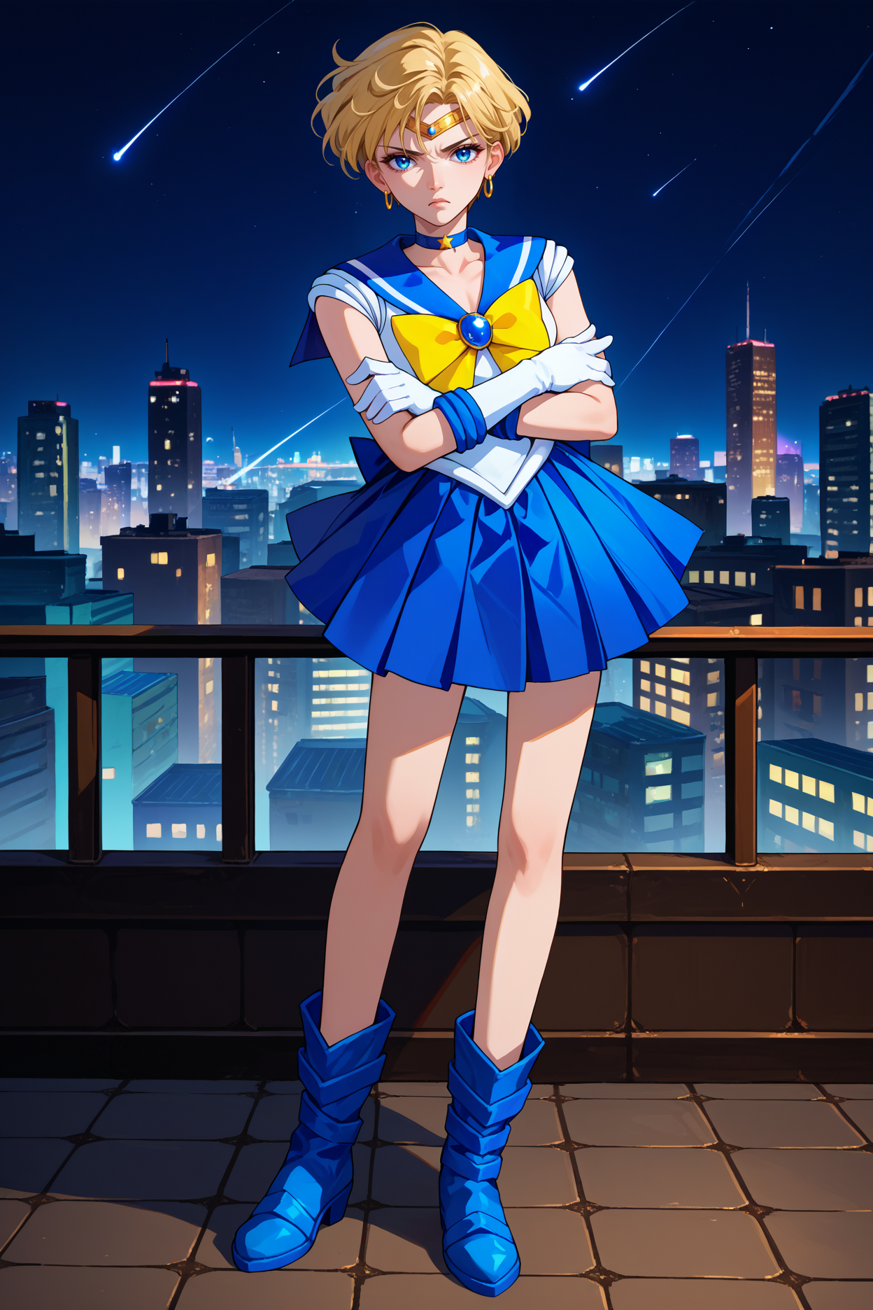 score_9, score_8_up, score_7_up, score_6_up, source_anime, 1girl, solo,   <lora:sailoruranus-pdxl-nvwls-v1-000005:1> slrua, blonde hair, short hair, blue eyes, circlet, choker, earrings, white shirt, sleeveless, blue sailor collar, yellow bowtie, brooch, white leotard, blue skirt, pleated skirt, white gloves, blue boots, standing, full body, crossed arms, serious, looking at you, night, city, rooftop