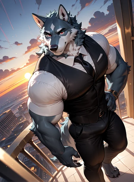 best quality,newest,masterpiece,absurdres,highres,safe,male furry,bara,Muscles,perfect anatomy,smooth,huge biceps,handsome,solo,safe,
wolf,premium,luxury,VIP,open clothing,high-angle view,red eyes,looking at viewer,black vest,dark royal blue fur,short sleeve,balcony,wolf tail,tie,suit pants,sunset,high-rise scenery,detail background,5finger,claw,