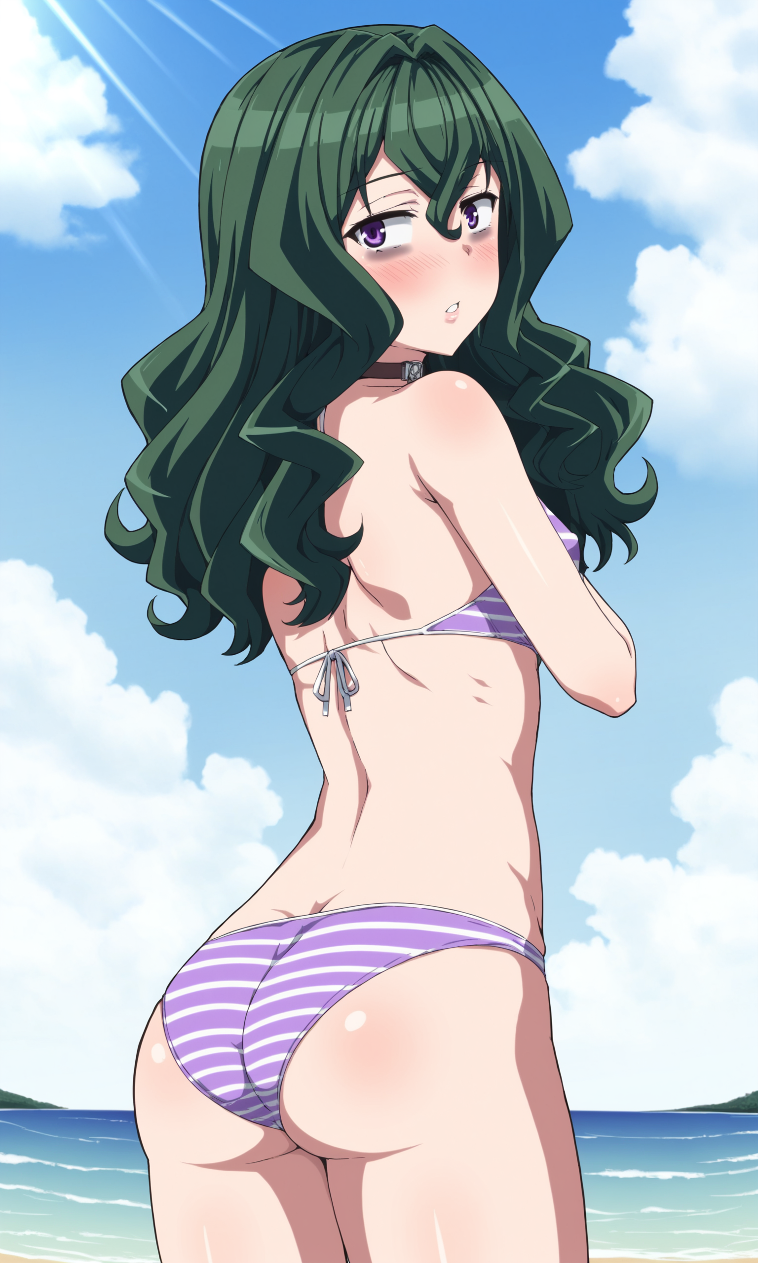 1girl, hyofuwa, purple_eyes, bags_under_eyes, green_hair, long_hair, wavy_hair, small_breasts, choker, bikini, back, from_behind, ass, looking_at_viewer, parted_lips, blush, sky, day, outdoors, beach